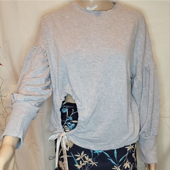 Zara basic Gray Knotted Front Lantern Sleeve Plain  light weight Sweatsh… - Picture 5 of 15